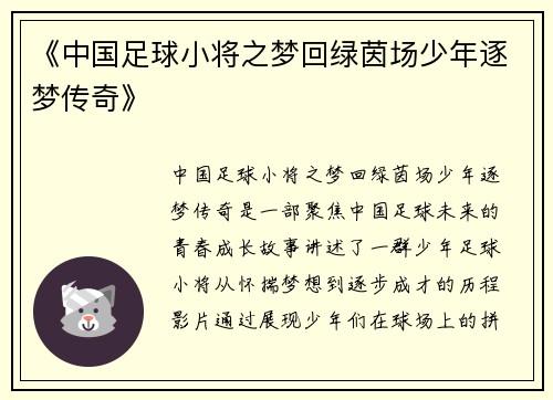 《中国足球小将之梦回绿茵场少年逐梦传奇》