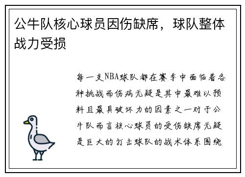 公牛队核心球员因伤缺席，球队整体战力受损